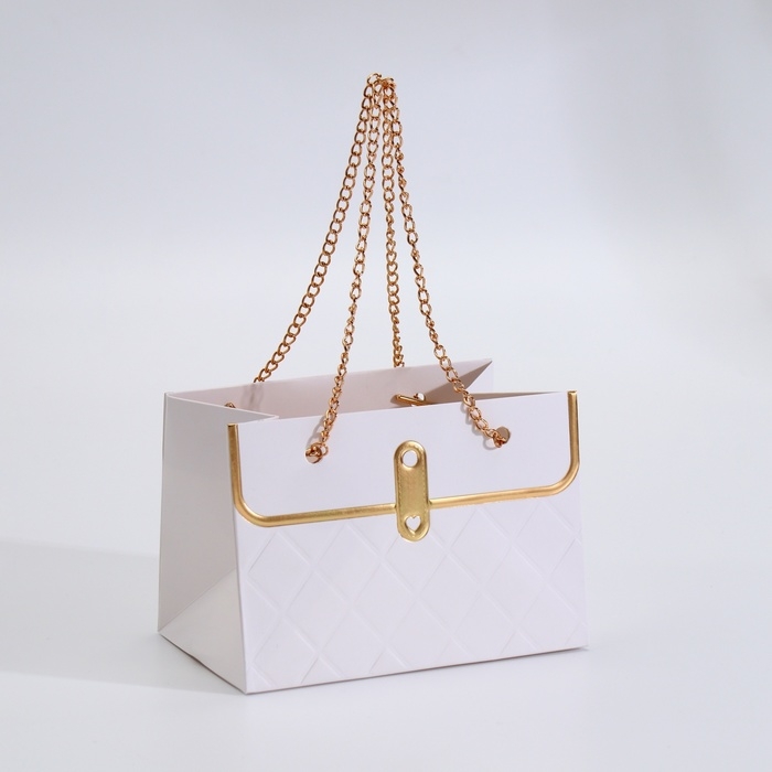 Пакет для цветов, ручка цепь,  Пакет для цветов, ручка цепь, "Белый", с золотым тиснением, 15 х 10,5 х 10 см