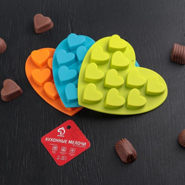 Форма для конфет и шоколада Доляна «Сердечки», силикон, 15×14,5×1,5 см, 10 ячеек, цвет МИКС Форма для конфет и шоколада Доляна «Сердечки», силикон, 15×14,5×1,5 см, 10 ячеек, цвет МИКС