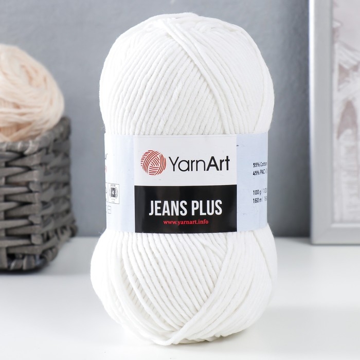 Пряжа  Пряжа "Jeans plus" 55% хлопок, 45% акрил 160м/100гр (01 белый)