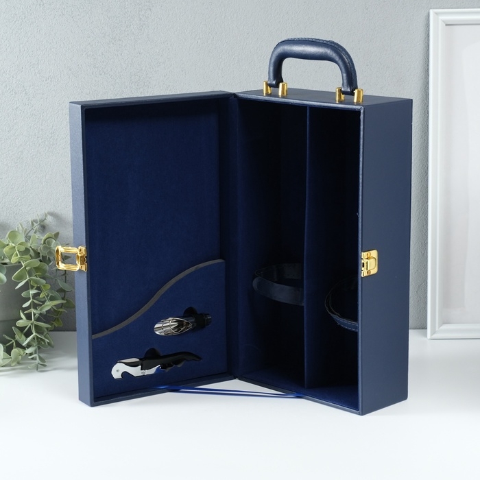 Шкатулка дерево, кожзам под 2 бутылки "Николь" синий 2 предмета 11,5х20,5х37 см