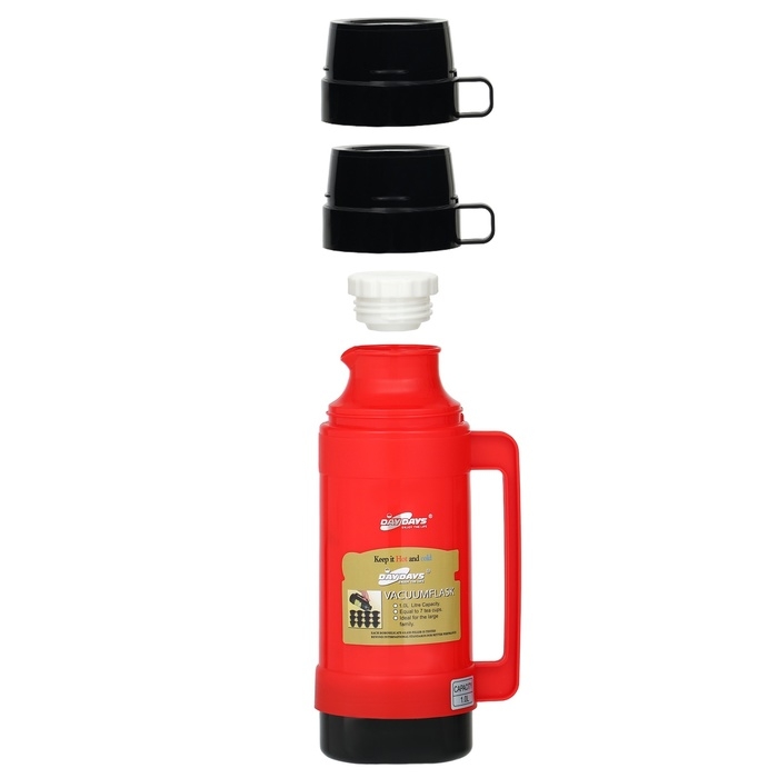 Термос 1 л, со стеклянной колбой, 2 кружки, сохраняет тепло 12 ч, 13.5 х 32 см, красный