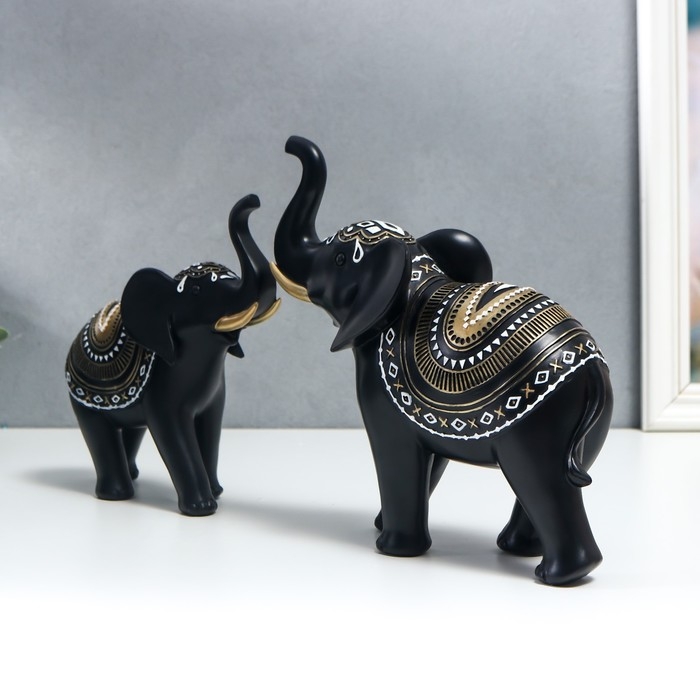 Сувенир полистоун Сувенир полистоун "Индийские чёрные слоны с узором на попоне" н-р 2шт 18х7х17 21,5х8,5х21 см 73555