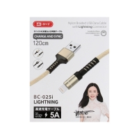 Кабель BYZ BC-025, Lightning - USB, 5 А, 1.2 м, PD, нейлон, золотистый