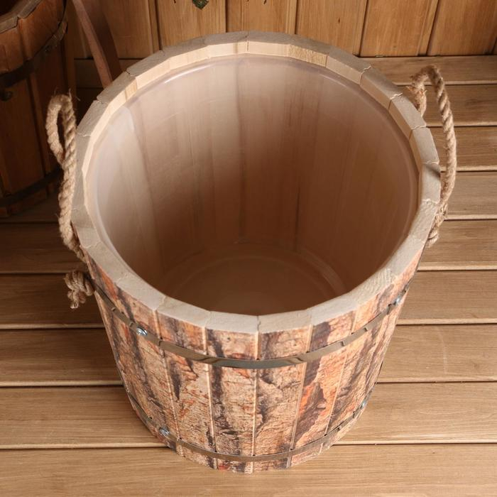 Запарник из липы, 13 л, пластиковая вставка, нержавеющий обод, ручки веревки,  Запарник из липы, 13 л, пластиковая вставка, нержавеющий обод, ручки веревки, "Кора тёмная"