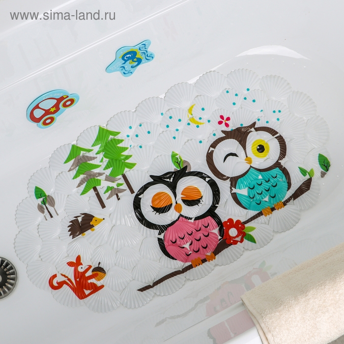 Коврик противоскользящий в ванну на присосках Доляна «Совы», 37×68 см