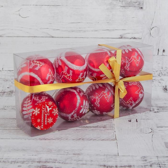 Набор шаров пластик d-6 см, 8 шт Набор шаров пластик d-6 см, 8 шт "Оленёнок у ёлочки" красный