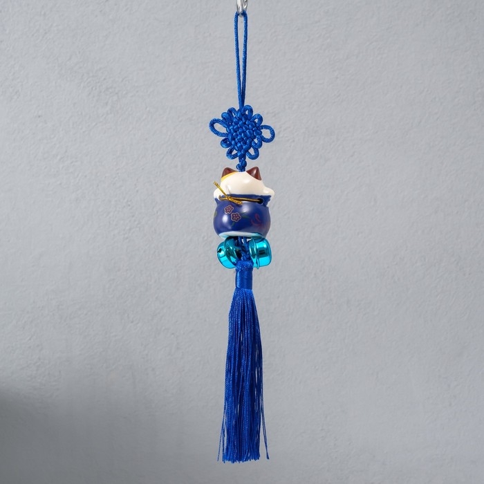 Подвеска керамика с бубенчиками "Манэки-нэко" синий 3,5х3,7х26 см