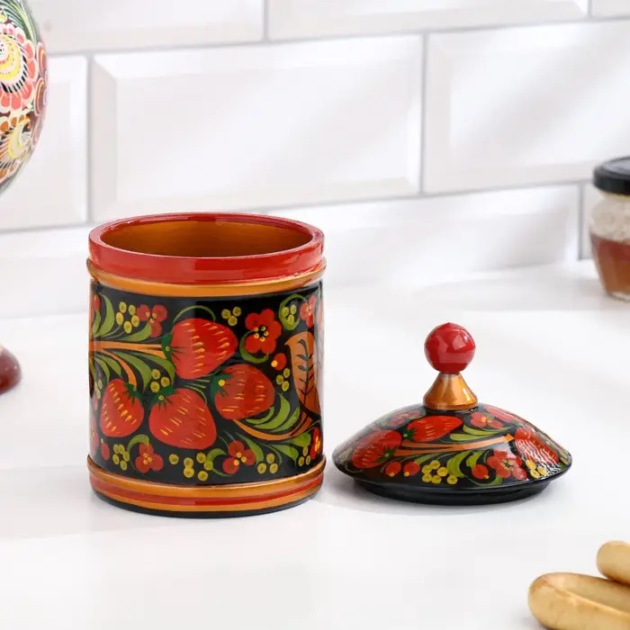 Банка для хранения сыпучих продуктов, кадочка, средняя, 9&times;14 см, дерево, хохлома, МИКС