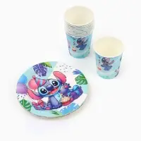 Посуда одноразовая бумажная на 10 персон: стаканы, тарелки, скатерть, Стич