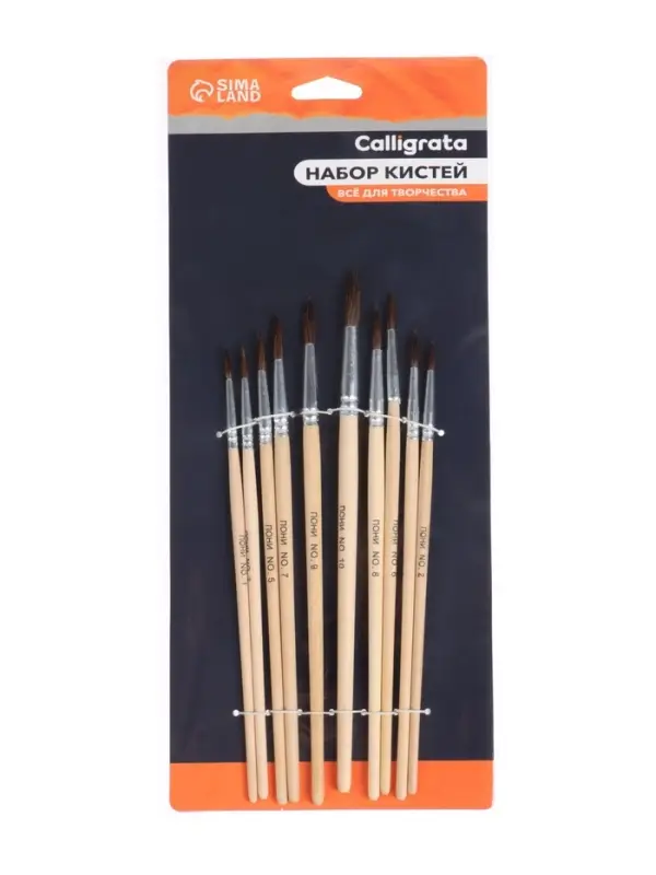 Набор кистей для рисования, пони, 10 штук: № 1, 2, 3, 4, 5, 6, 7, 8, 9, 10, круглые, деревянная ручка, международный размер