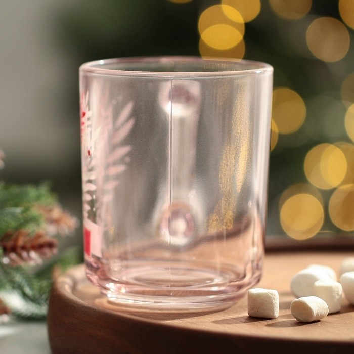 Кружка стеклянная новогодняя Дорого внимание «Веточки», 200 мл, розовая