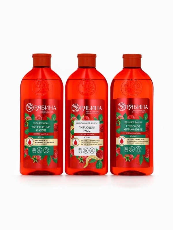 Шампунь для волос, питающий уход, аромат малины, 400 мл, Рябина