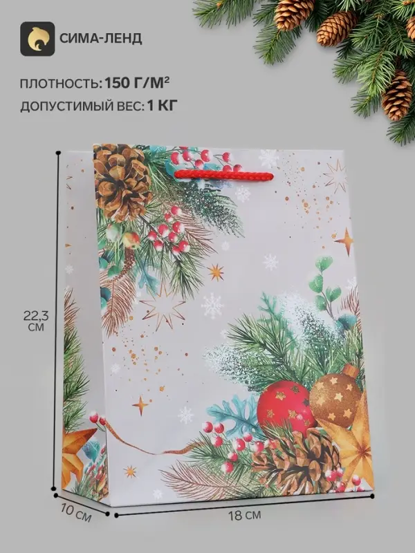 Пакет подарочный &laquo;Новогодние веточки&raquo;, 18&times;10&times;22.3 см