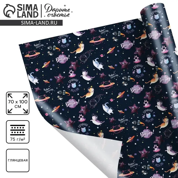 Бумага упаковочная глянцева «Космос: Вперёд», 100 х 70 см
