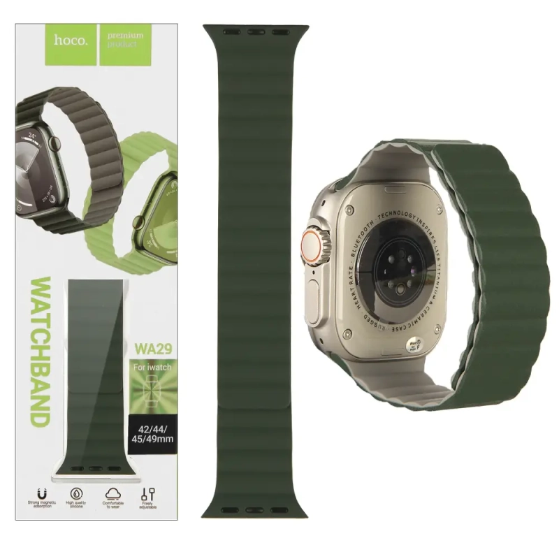 Ремешок для Apl watch 42/44/45/49mm WA29 magnetic silicone strap Emerald green/gray HOCO