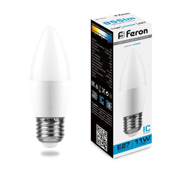 Лампа светодиодная FERON LB-770, C37, E27, 11 Вт, 230 В, 6400 К, 955 Лм, 220°, 111 х 37 мм Лампа светодиодная FERON LB-770, C37, E27, 11 Вт, 230 В, 6400 К, 955 Лм, 220°, 111 х 37 мм