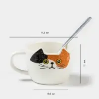 Чайная пара &laquo;Котик&raquo;, 3 предмета: чашка 200 мл, блюдце 18.8&times;13.6 см, ложка, керамика, белая