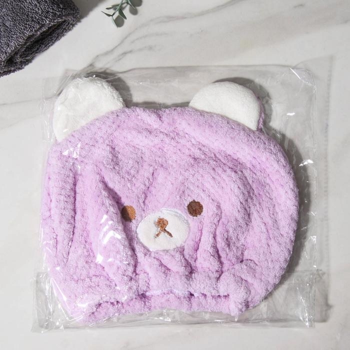 Чалма для сушки волос Доляна «Медвежонок», микрофибра, цвет розовый