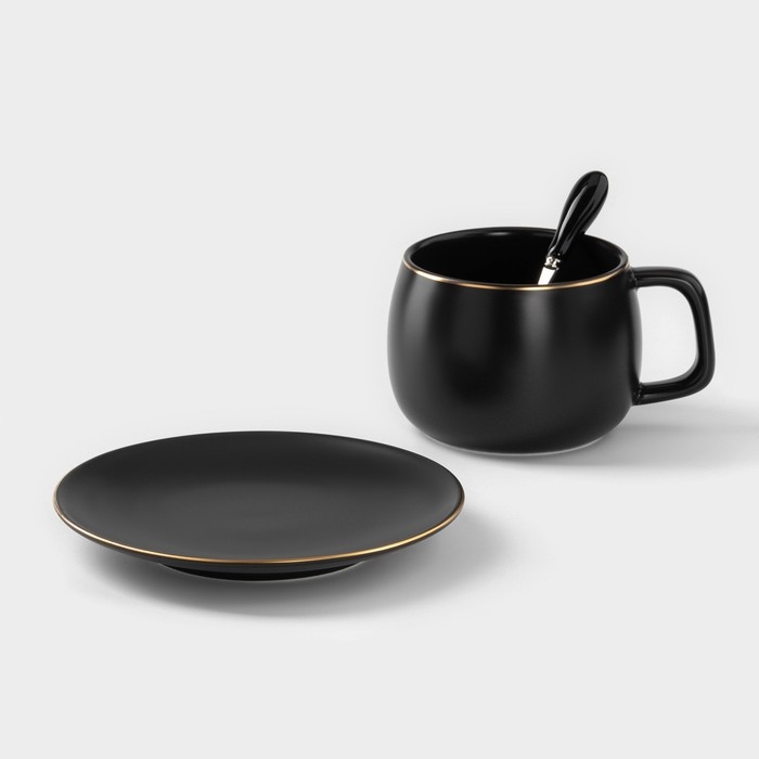 Чайная пара керамическая с ложкой «Мати», 2 предмета: чашка 280 мл, блюдце d=13,5 см, цвет чёрный Чайная пара керамическая с ложкой «Мати», 2 предмета: чашка 280 мл, блюдце d=13,5 см, цвет чёрный
