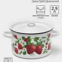 Кастрюля эмалированная &laquo;Клубничная поляна&raquo;, 2.9 л, d=22 см, цилиндрическая, белая