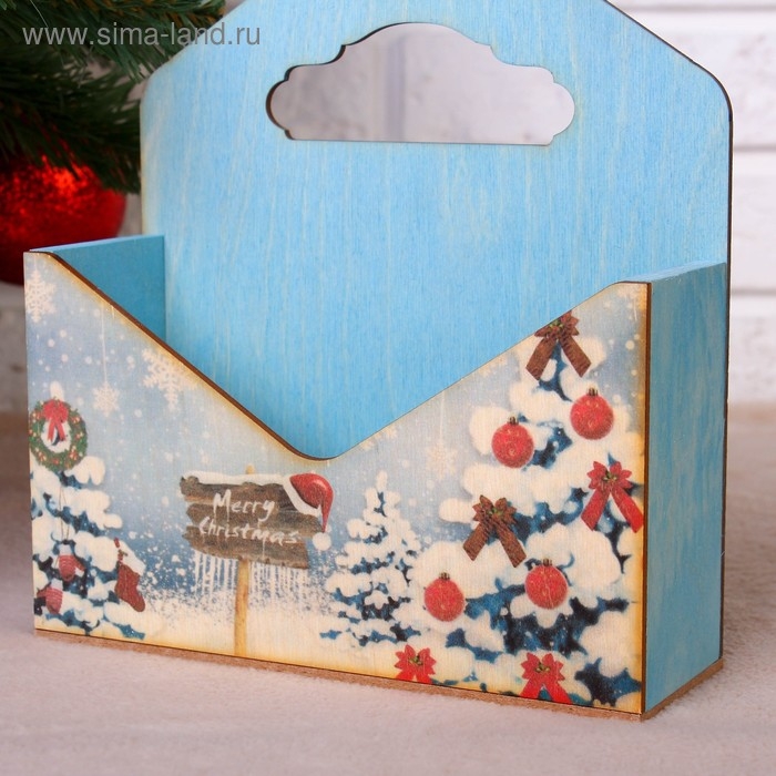 Кашпо деревянное  Кашпо деревянное "Конверт, Новогодний №1", деревянная ручка, голубое, 20,5×18×6 см