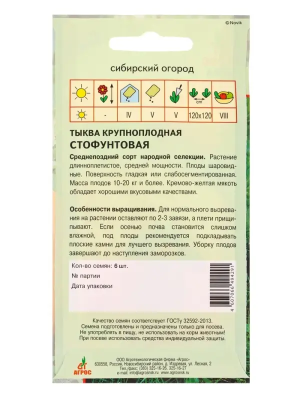 Семена Тыква Семена Тыква "Стофунтовая" 6 шт