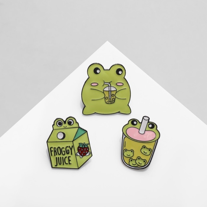 Набор значков (3 шт.) «Лягушачьи напитки», цвет зелёный в чёрном металле Набор значков (3 шт.) «Лягушачьи напитки», цвет зелёный в чёрном металле