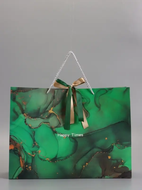 Пакет подарочный "Мрамор", зеленый с бантиком, 43 х 32 х 14 см
