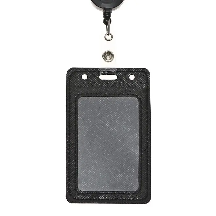 Бейдж - карман вертикальный кожзам, внешний размер 110&times;68 мм, внутренний размер 85&times;54 мм, рулетка 60 см, чёрный