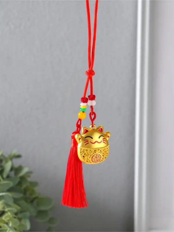 Подвеска металл &laquo;Манэки-нэко с кисточкой&raquo;, красный с золотом, 1.5&times;4&times;14 см