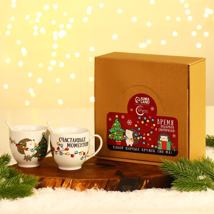 Новый год. Набор из керамики &laquo;Ёжик&raquo;, кружка 180 мл 2 шт, ложка 2 шт, цвет белый