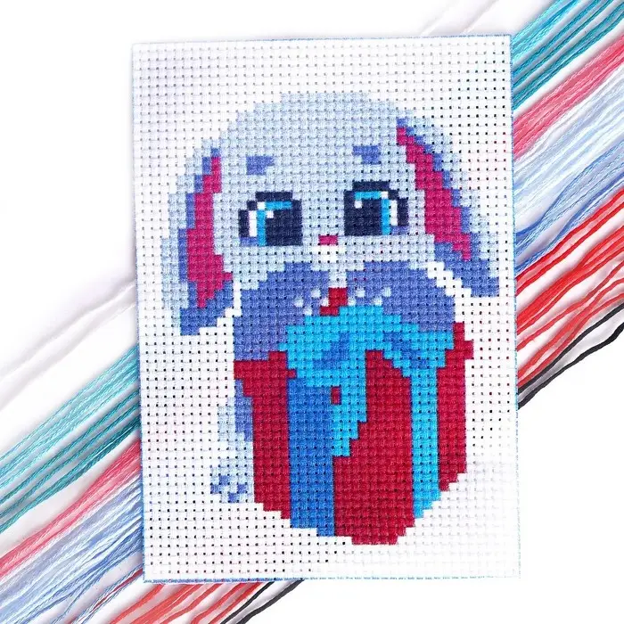 Вышивка крестиком на новый год «Зайка с подарком», 14 х 10 см, набор для творчества Вышивка крестиком на новый год «Зайка с подарком», 14 х 10 см, набор для творчества