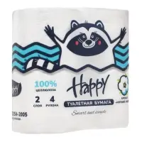 Туалетная бумага HAPPY со втулкой, аромат мягкого хлопка, 2 слоя, 4 рулона