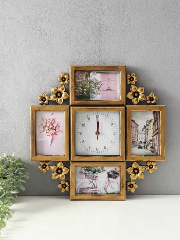 Фоторамка - коллаж на 4 фото 10&times;15 см с часами настенными бесшумными (14&times;14 см) &laquo;Цветы&raquo;, 42&times;42 см