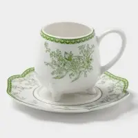 Чайная пара WY Bloomware, 2 предмета; чашка 220 мл, блюдце 15 см, фарфор, белая, зелёная