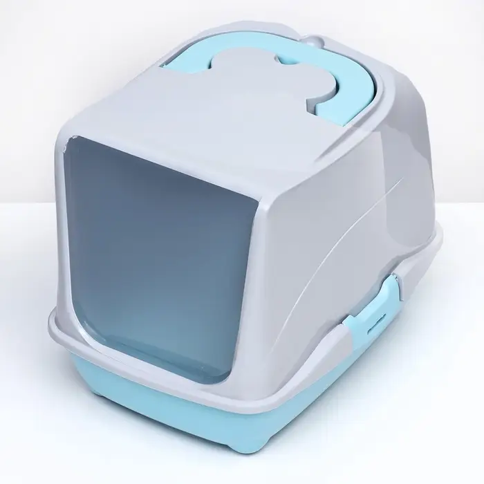 Туалет-домик для кошек закрытый с дверцей 43&times;32&times;33 см, бирюзово-серый