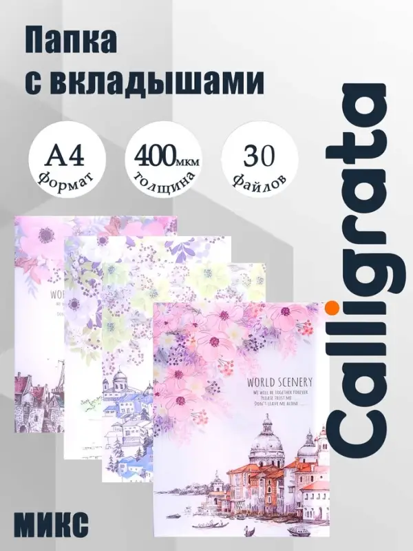 Папка А4, &laquo;Города&raquo; 30 прозрачных файлов, пластик, 400 мкм, МИКС