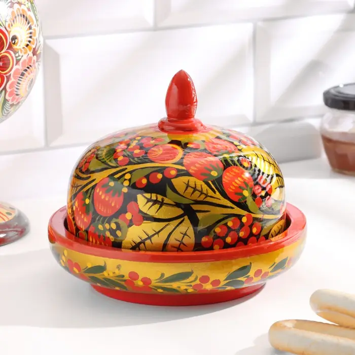 Маслёнка &laquo;Круг&raquo;, 15&times;12 см, дерево хохлома