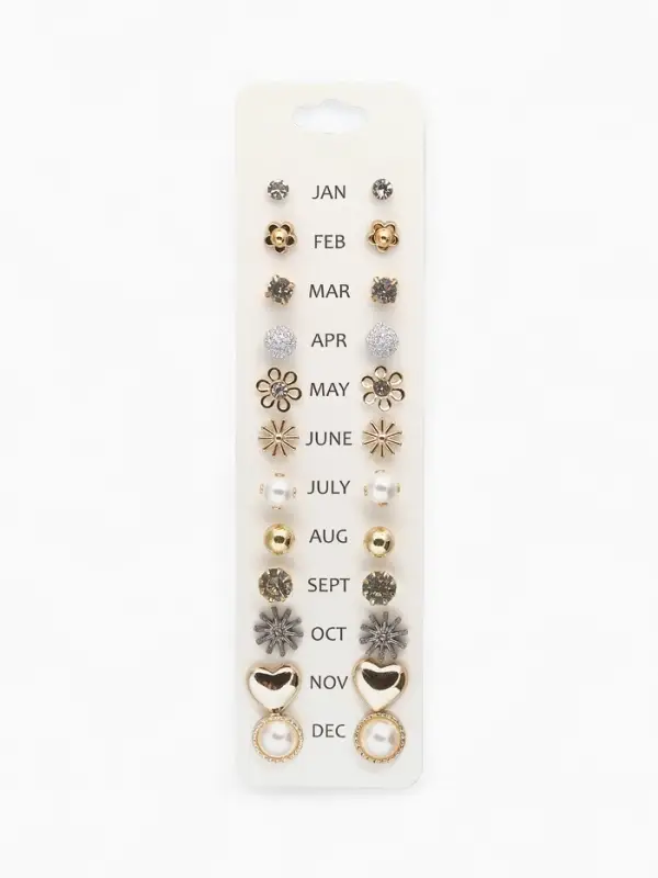 Серьги пусеты One year, 12 пар, цветочное настроение, белые в золоте