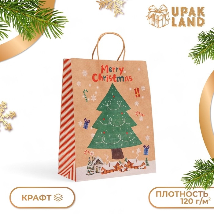 Новый год. Пакет бумажный подарочный новогодний крафт Новый год. Пакет бумажный подарочный новогодний крафт "Новогодняя ёлка", 33 × 26 × 12 см.