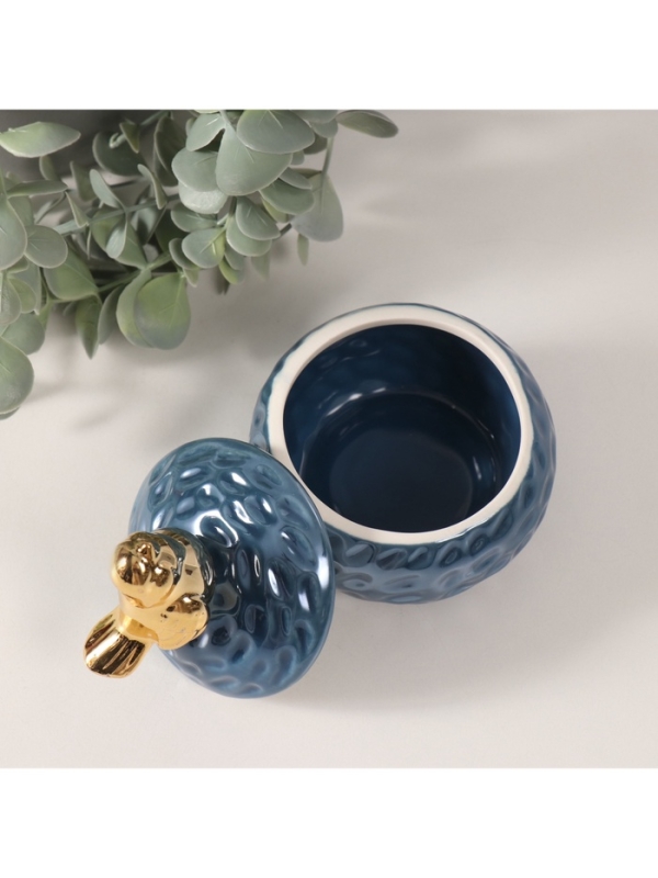 Шкатулка керамика "Золотая птичка на гнезде" синий перламутр 8,5х8,5х10 см