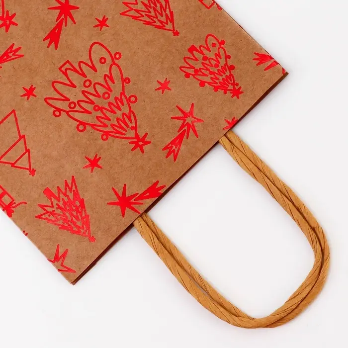 Пакет крафт с тиснением, круглая ручка, «Ёлочки» 15×21×8 см, 120 г