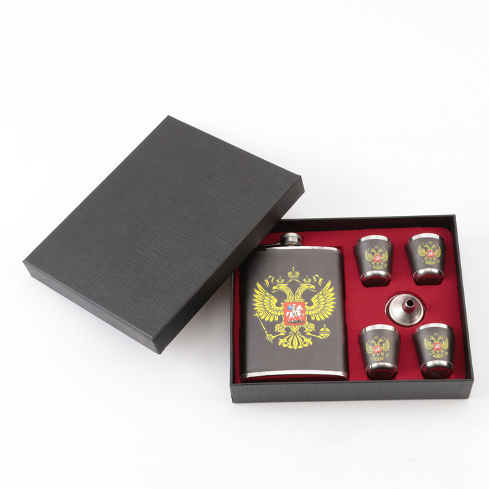 Подарочный набор 6 в 1 Подарочный набор 6 в 1 "Россия": фляжка 270 мл, воронка, 4 стопки, чёрный, 17 х 23 см