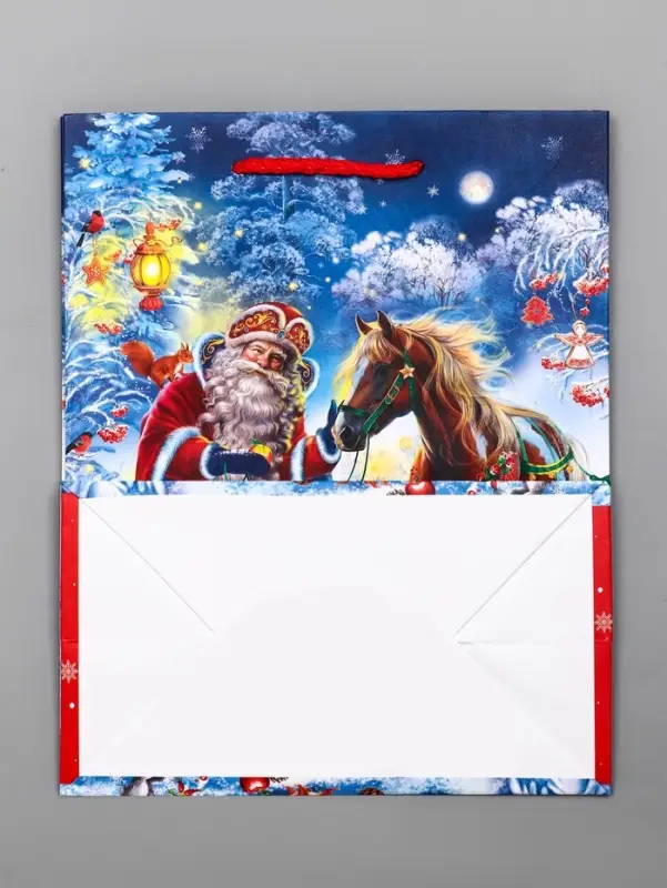 Пакет подарочный новогодний ламинированный, «Дед Мороз с Конём» , 18×10×22.3 см