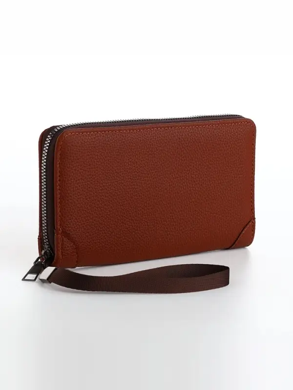Портмоне мужское на молнии, 3 отделения, искусственная кожа, с ручкой, коричневое