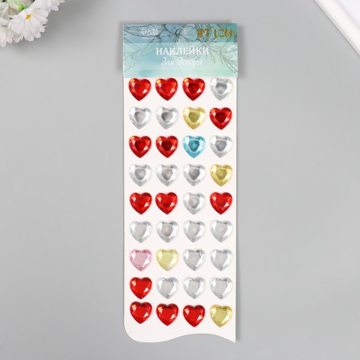 Наклейка пластик стразы "Сердечки разноцветные кристаллы" МИКС 32х10,5 см