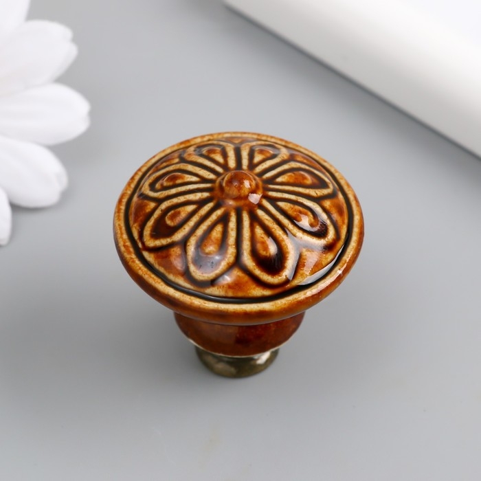 Ручка для шкатулки керамика, металл Ручка для шкатулки керамика, металл "Цветок" кофе 3,9х3,9х3,1 см