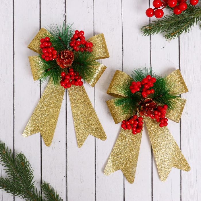 Украшение ёлочное Украшение ёлочное "Зимнее чудо" бант ягоды шишка (набор 2 шт) 14х19 см, золото