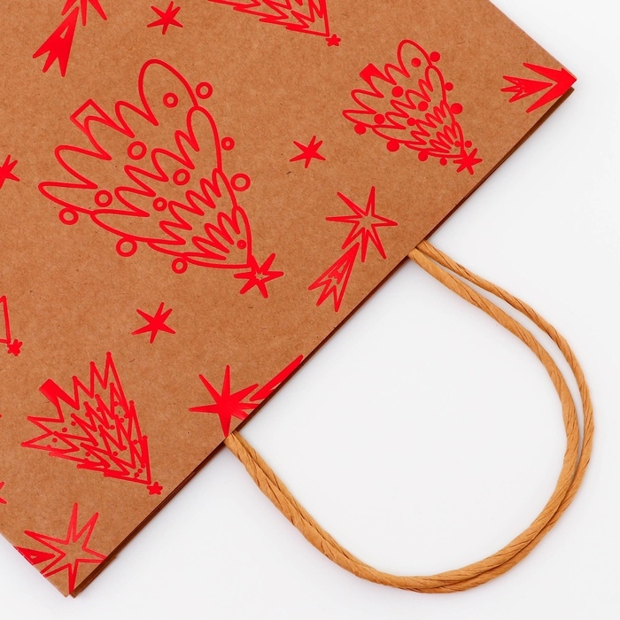 Пакет крафт с тиснением, круглая ручка, Пакет крафт с тиснением, круглая ручка, "Ёлочки" 33 х 25 х 12 см, 120 г