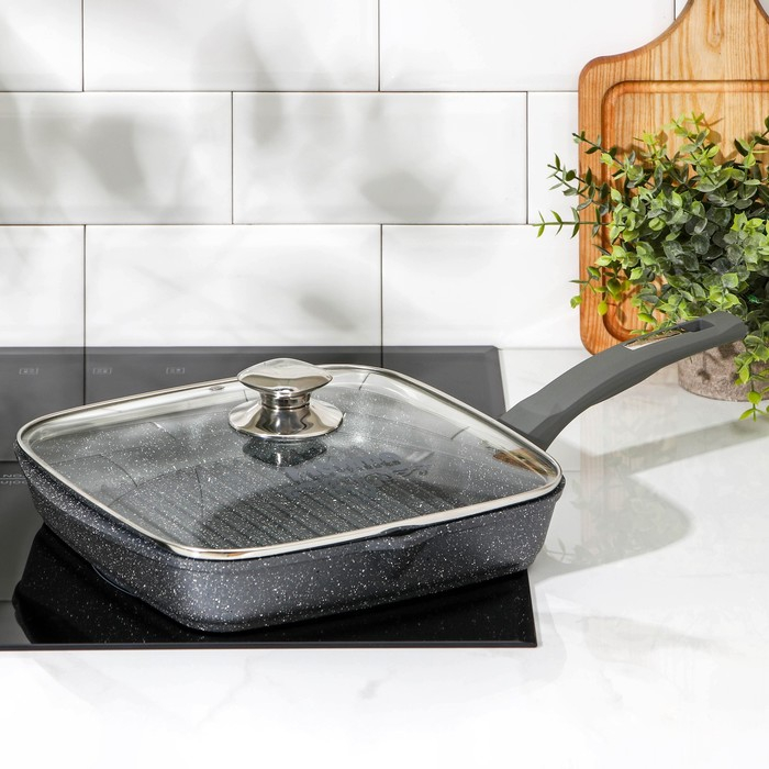 Сковорода-гриль квадратная «Гранит», 26×26 см, пластиковая ручка, стеклянная крышка, антипригарное покрытие, цвет серый Сковорода-гриль квадратная «Гранит», 26×26 см, пластиковая ручка, стеклянная крышка, антипригарное покрытие, цвет серый